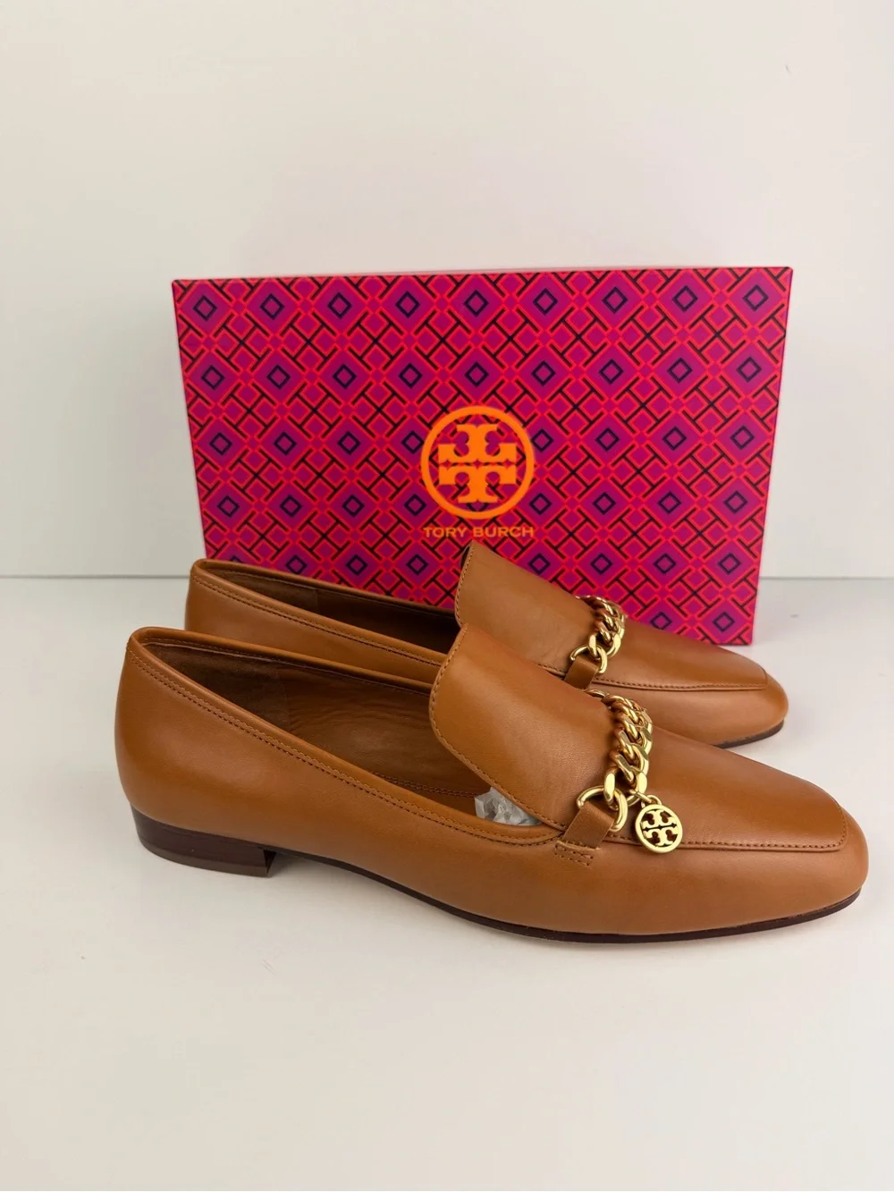 Tory Burch Mini Benton Charm Loafers Ambra Brown Leather Gold Chain Size 9